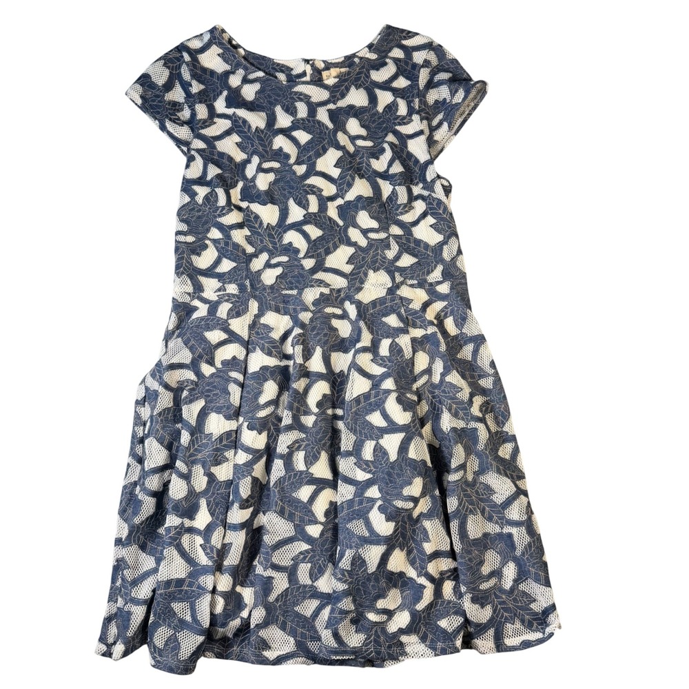 NEW Maison Jules Indigo Blue Lace Floral Cap Sleeve Fit Flare Dress Large